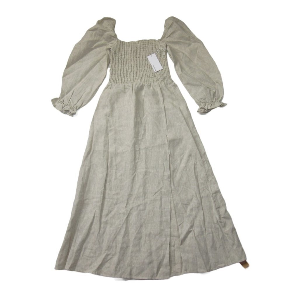 NWT Reformation Gitane in Oatmeal Linen Puff Sleeve Smocked Midi Dress XS $248